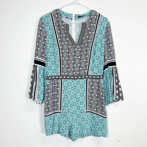 Loft Romper Womens Size Medium Blue White Black Flare Long Sleeve